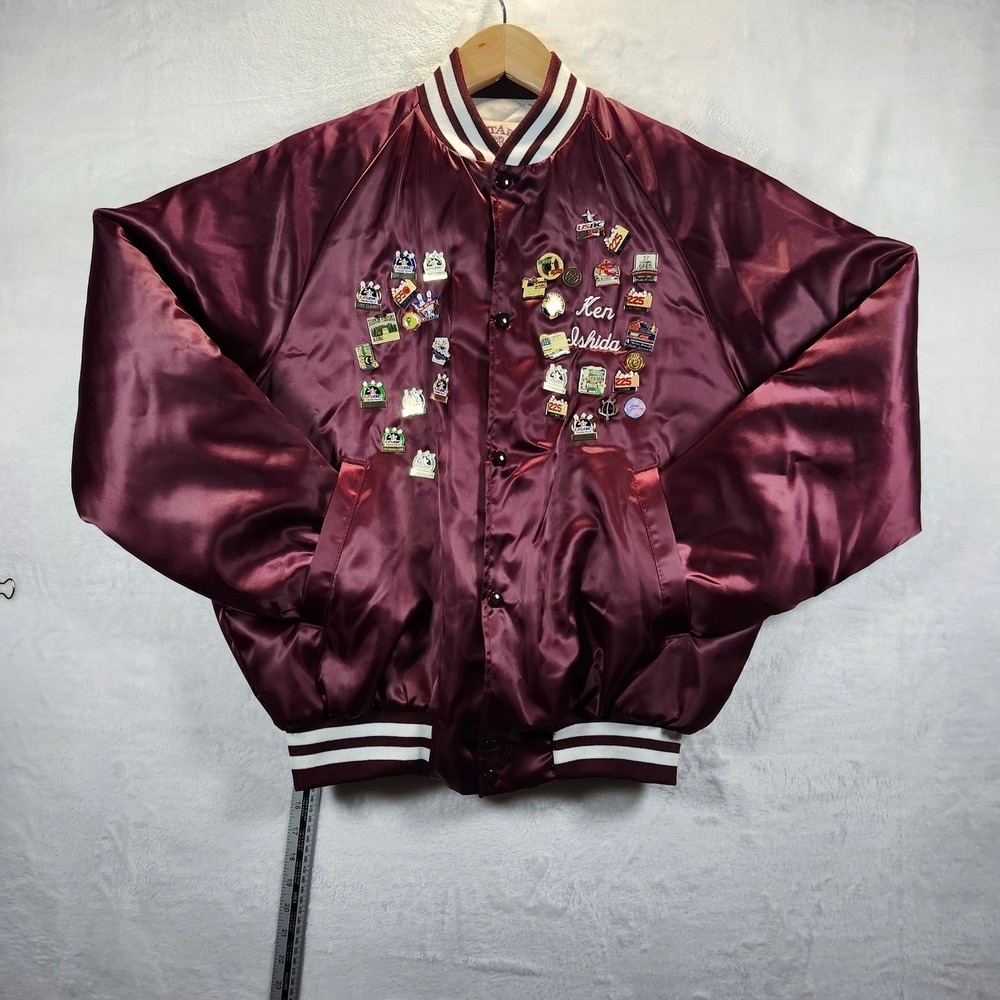 VINTAGE 80's Westark USA Burgundy Satin Bomber Jacket Bowling Pins Pins Large - Picture 3 of 9